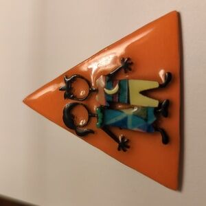 🧡 Signed Lucinda Pin Vintage orange two people children triangle brooch